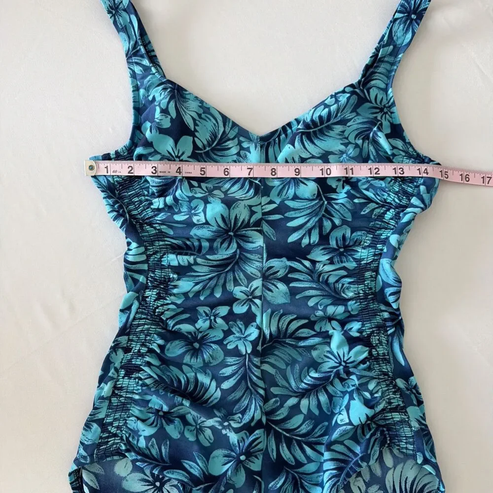 Vtg Maxine of Hollywood Sz 12 Blue Floral One Piece Swimsuit Ruched Tropical 90s